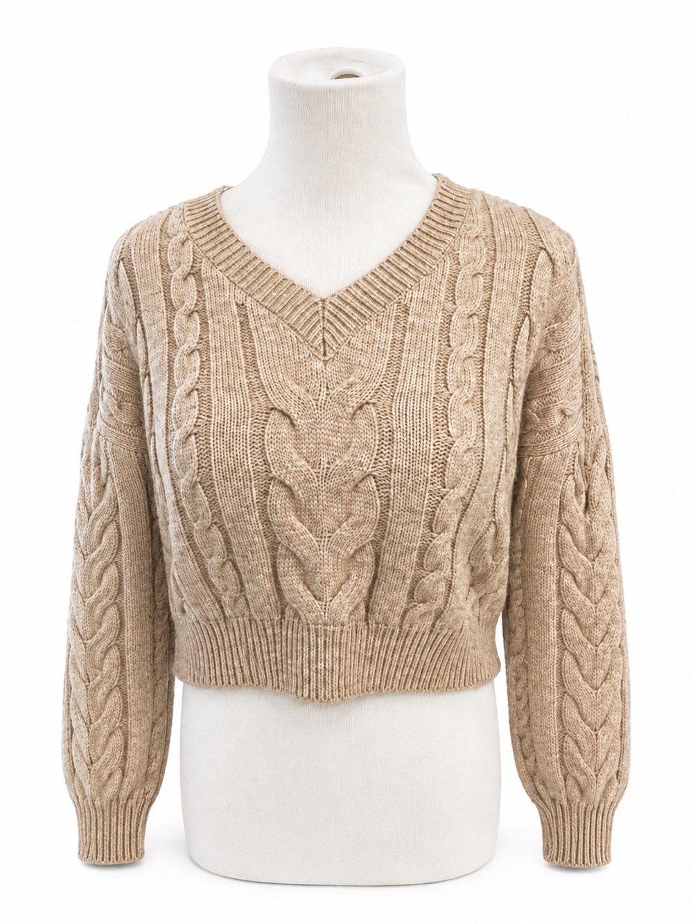 Cable Knit V-Neck Cropped Sweater - Beige/Tan Size Medium